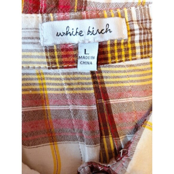 White Birch Women Button Up Raw Hem Shirt Size L Brown Plaid‎ Pockets Split Back - Picture 11 of 14